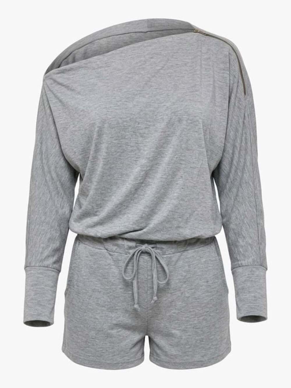 Gray Off-Shoulder Lounge Romper with Zip Shoulder